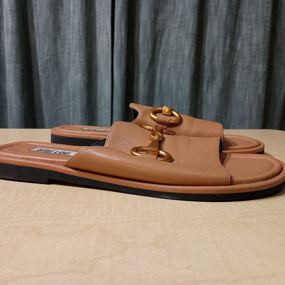 Anthropologie Bibi Lou Leather Hana Slides in Camel Size 7